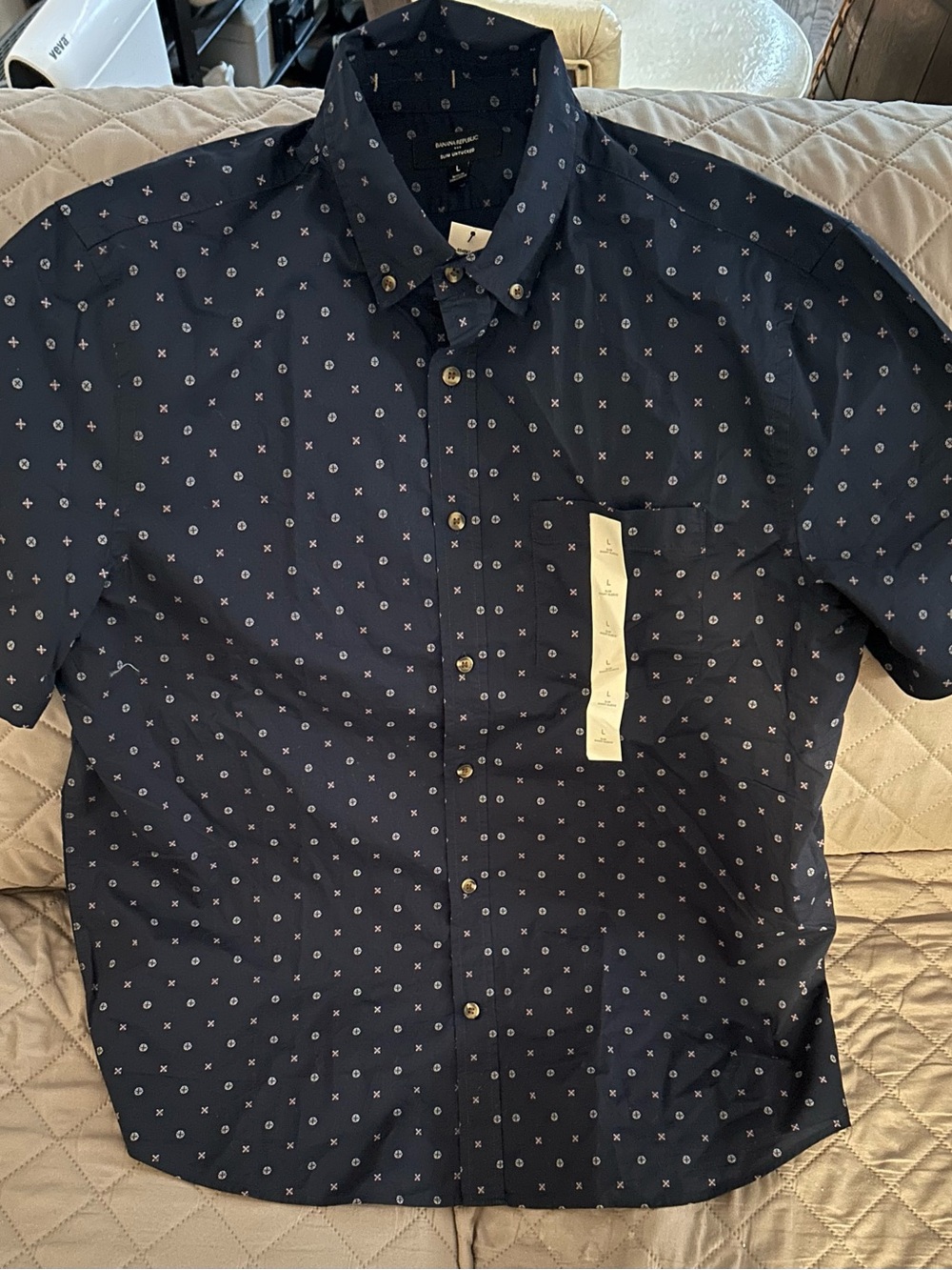 Men's Banana Republic Navy Short-Sleeve Button-Down Shirt with Micro Print